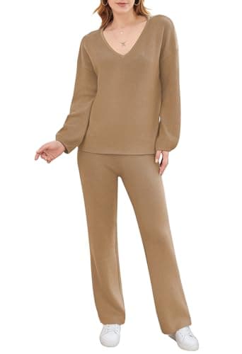 VamJump Women's Two Piece Knit Outfits Lounge Sets Long Sleeve V Neck Sweater Wide Leg Pants Sweatsuit Sets, Khaki XL - Image 7