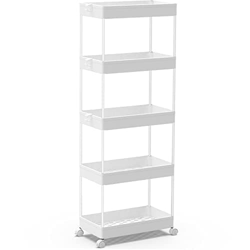 SPACEKEEPER 5-Tier Storage Cart Organizer Rolling Utility Cart, Mobile Shelving Unit Slide Out Storage Shelves for Kitchen Living Room Bathroom Laundry Room & Dressers, White - Image 1