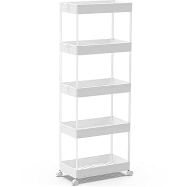 SPACEKEEPER 5-Tier Storage Cart Organizer Rolling Utility Cart, Mobile Shelving Unit Slide Out Storage Shelves for Kitchen Living Room Bathroom Laundry Room & Dressers, White - Image 1