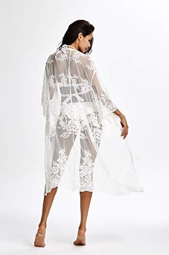 Women’s Bathing Suit Kimono Beach Cover Up Lace Crochet Pool Swimwear (White, M) - Image 6