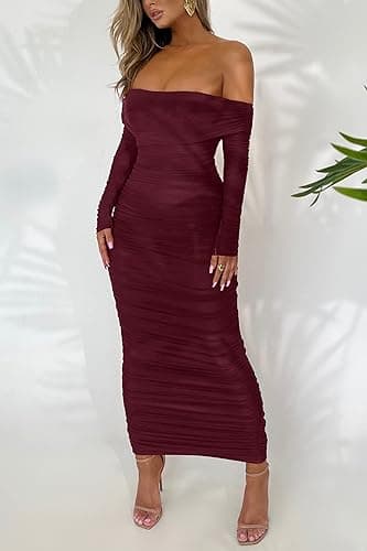 PRETTYGARDEN Women's Fall Off Shoulder Maxi Bodycon Dress Long Sleeve Ruched Fitted Club Dresses with Slit (Wine Red,Medium) - Image 3
