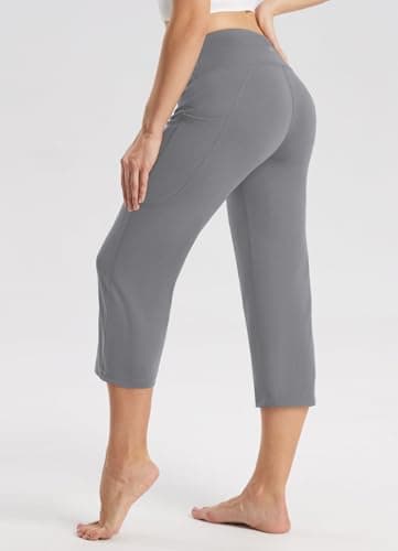 baleaf Womens Yoga Capri Pants High Waist Capri Leggings with Pockets Wide Leg Crop Exercise Workout Summer Pants Dark Grey L - Image 2