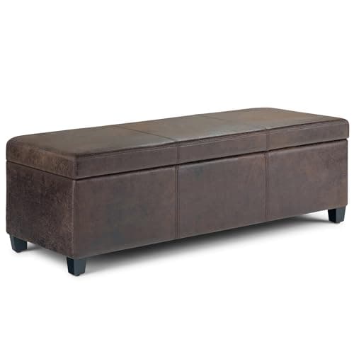 SIMPLIHOME Avalon 48 inch Wide Contemporary Rectangle Storage Ottoman Bench in Distressed Brown Vegan Faux Leather, Assembled, for the Living Room, Entryway and Family Room - Image 1