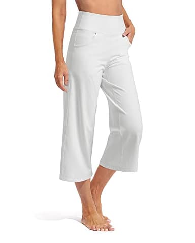 Promover Wide Leg Pants Woman Capri Yoga Pants Loose Fit Casual Lounge Workout Culotte Pants Tummy Control Dress Pants Dressy Summer(White,M,23") - Image 1