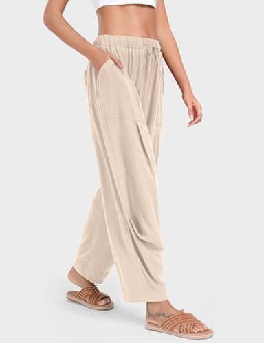 TARSE Women Linen Pants Summer Boho Wide Leg Drawstring with Pockets, HeatherLightKhaki, L - Image 2