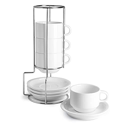 Sweese Porcelain Espresso Cups Set, 4 oz Stackable Cups with Saucers Metal Stand, Set of 4, White - Image 1