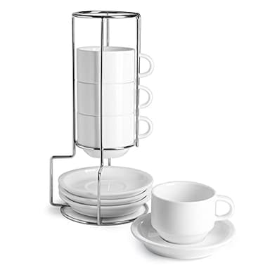 Sweese Porcelain Espresso Cups Set, 4 oz Stackable Cups with Saucers Metal Stand, Set of 4, White - Image 1