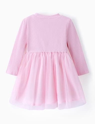 PATPAT Baby Girl Dress Ribbed Long-Sleeve Splicing Floral Embroidered Mesh Dress Soft Pink 3-6 Months - Image 2