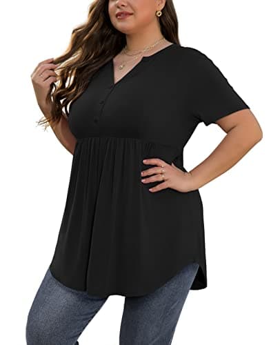 SHIJIALI Women's Plus Size Henley Shirts V Neck Tunic Tops Casual Short Sleeve Swing Flowy Blouse Pure Black-XX-Large - Image 1