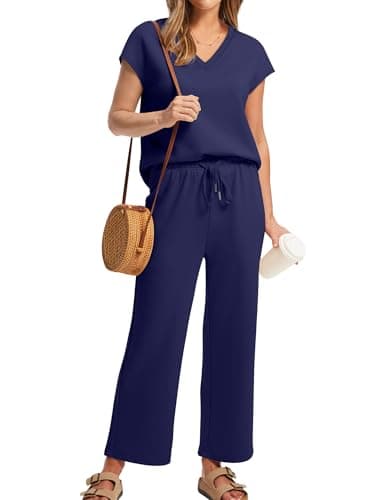 Saloogoe Lounge Sets for Women 2 Piece 2024 Summer Casual Travel Ladies Loungewear Set Business Casual Outfits Work Mock Neck Tops Airport Outfit Royal Blue XL - Image 2