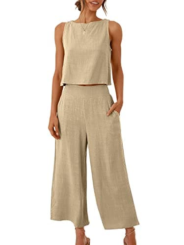 ANRABESS Women's Summer 2 Piece Outfits Sleeveless Crop Top Capri Wide Leg Pants Jumpsuit Casual Linen Lounge Matching Sets Beach Travel 2025 Trendy Clothes Apricot X-Large - Image 1