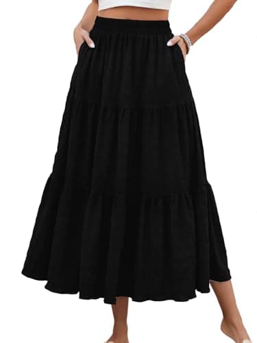 HUSKARY Skirts for Women Trendy Summer Casual High Waisted Flowy Maxi Skirt Spring Loose Tiered Layered Beach Skirt,Black,Large - Image 1