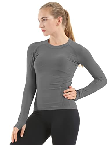MathCat Seamless Workout Shirts for Women Long Sleeve Yoga Tops Sports Running Shirt Breathable Athletic Top Slim Fit Dark Grey - Image 1