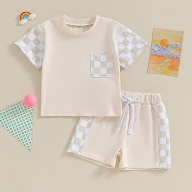 Karwuiio Toddler Baby Boy Summer Outfit Short Sleeve T-Shirt Tops Elastic Waist Shorts Set Baby Boys Clothes(Khaki,2-3 Years) - Image 2