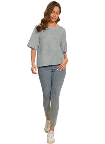 LOZ Womens Boho T Shirts Loose Fit Crewneck 3/4 Sleeve Tops Summer Casual Blouse Flowy 2025 Basic Tee Grey Medium - Image 2