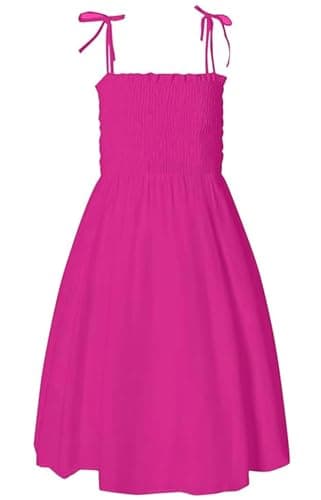 Girl's Women's Summer Spaghetti Strap Beach Dresses Hawaiian Hoilday Smocked Midi Sun Dress Ruffle Square Neck, Hot Pink, 6-7 Years = Tag 140 - Image 1