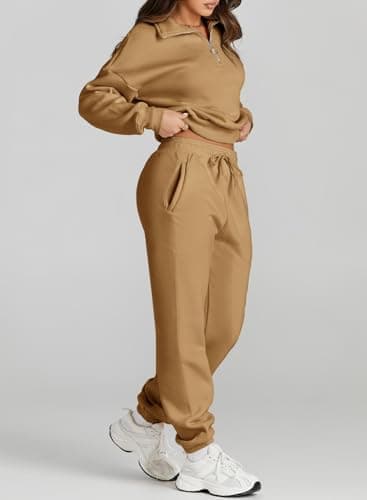 Herseas Womens Half Zip Pullover Long Sleeve Sweatshirt Jogger Pants Lounge Sets 2 Piece 2025 Teacher Outfits Sweatsuit with Pockets Camel Medium 8 10 - Image 3