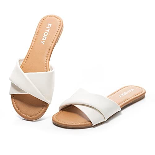 FITORY Women's Flat Sandals Fashion Slides With Soft Leather Slippers for Summer White Size 8 - Image 1