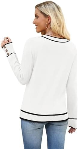 WIHOLL Lightweight Sweaters for Women Long Sleeve V Neck Knit Outfits with Decorative Buttons - Image 6