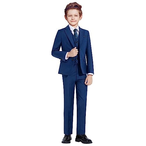 Marvelous World Suits Blue Slim Fit Size 16 Formal Suits for Kids Toddler Tuxedos Dresswear Ring Bearer Outfit Wedding Suits Set Dress Clothes Youth 5-Piece Adjustable Waist - Image 1