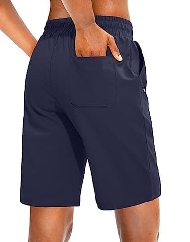 Viodia Women's Bermuda 10" Long Shorts with Pockets Cotton Sweat Lounge Shorts for Women Jersey Athletic Knee Length Shorts for Summer Navy - Image 3