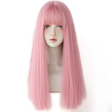 7JHH WIGS Light Pink Wig With Bang Straight Wig For Women Synthetic Neon Pink Wig Colorful Cosplay Wigs For Party And Daily Use(23" Light Pink - Image 2