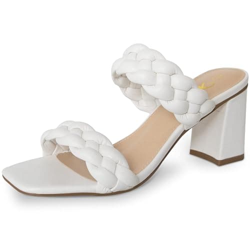 Athlefit White Braided Heeled Sandals for Women Fashion Square Open Toe Comfortable Slip on Block Heels Size 8.5 - Image 1