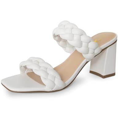 Athlefit White Braided Heeled Sandals for Women Fashion Square Open Toe Comfortable Slip on Block Heels Size 8.5 - Image 1