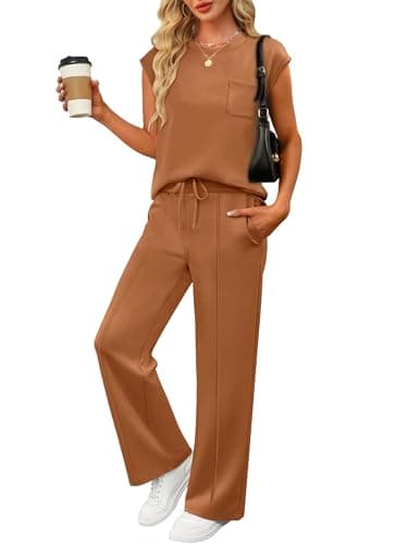 ANRABESS Two Piece Sets for Women Summer Sleeveless Sweatsuits Wide Leg Casual Lounge Set Matching Vacation Travel Outfits Medium - Image 1