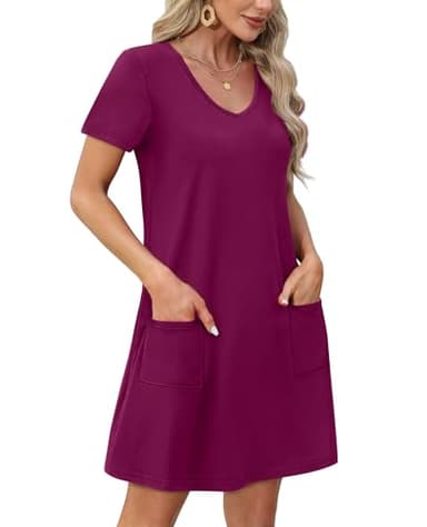 OFEEFAN Valentine's Dress for Women Summer Dresses for Women 2025 Casual V Neck Swing Short Sleeve T Shirts Dress Sundresses with Pockets A Burgundy XL - Image 3