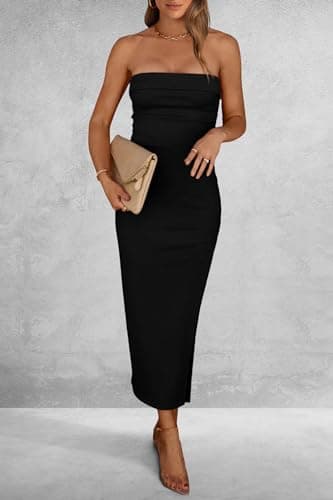 PRETTYGARDEN Women's Summer Bodycon Maxi Tube Dress Ribbed Strapless Side Slit Long Going Out Casual Elegant Party Dresses (Black,Small) - Image 7