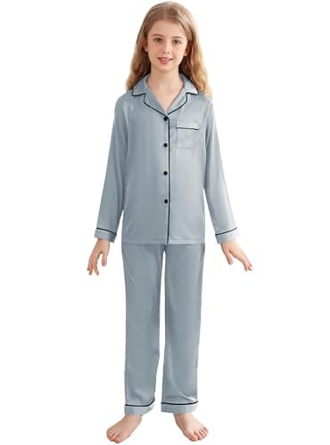 Veseacky Girls Boys Button Up Pajama Set Satin Silk Long Sleeve Shirt & Pant PJ Sleepwear (Grey,10-11y) - Image 1