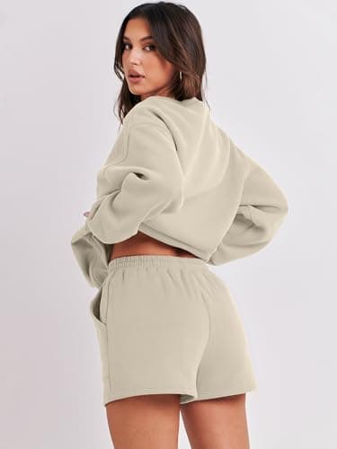 ANRABESS Women 2 Piece Outfits Sweat Shorts Sets 2025 Oversized Casual Lounge Matching Set Sweatsuit Tracksuit Fall Clothes Almond Large - Image 3