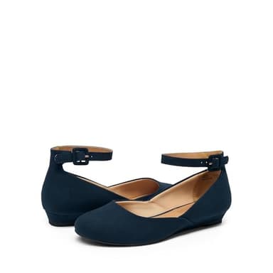 DREAM PAIRS Women's Dress Flats Ballet Low Wedge Round Toe Ankle Strap Comfortable Casual Flats Shoes,Size 8,Navy/Suede,REVONA - Image 4