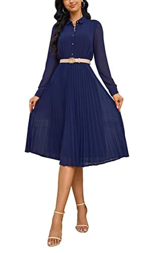 AbleTree Pleated Work Dress for Women Long Sleeve Midi Collared Dresses for Office Business Casual Church Navy Blue - Image 1