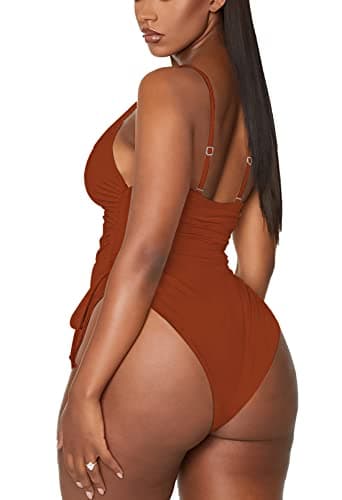Viottiset Women's Drawstring One Piece Swimsuit Tummy Control Ruched Cheeky Bathing Suit Burnt Orange Large - Image 2