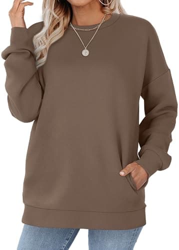 WIHOLL Long Sleeve Shirts for Women Crewneck Sweatshirts Pocket Lightweight Pullovers Casual Tops Winter Clothing Brown Coffee M - Image 3