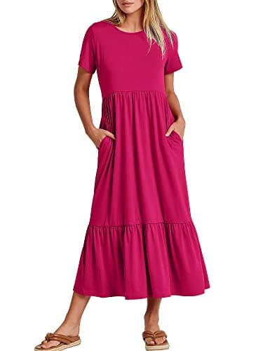 ANRABESS Womens 2025 Summer Casual Maxi Dress A line Tiered Flowy Short Sleeve Crewneck T Shirt Beach Travel Long Dresses Medium Rose - Image 1