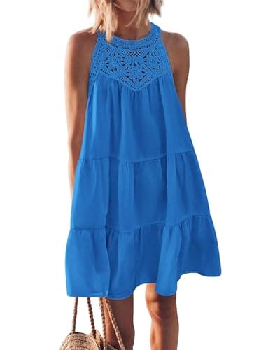 BTFBM Women Summer Halter Dresses Casual Spring 2025 Sleeveless A-Line Tiered Swing Mini Dress Beach Vacation Sundress(Blue, X-Large) - Image 1