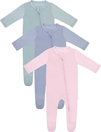 RRP Unisex Baby Footies Pajamas,Rayon Derived From Bamboo,Buttery Soft Sleep 'N Play PJs,2-Way Zipper Closure,0-18 Months (Sage/BlueGrey/Blush, 0-3 Months) - Image 1