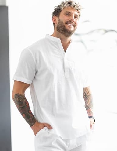 COOFANDY Men's Cotton Linen Henley Shirt Short Sleeve Hippie Casual Beach T-Shirts with Pocket - Image 8