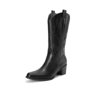 DREAM PAIRS Women's Square Toe Cowboy Cowgirl Boots Embroidered Mid Calf Western Boots Fashion Dress Low Chunky Heel Boots for Theme Party Country Concert,Size 8.5,Black-Pu,DWUMMB2502 - Image 1
