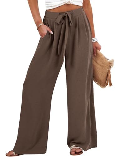 Caracilia Women Wide Leg Palazzo Pants Summer High Waist Flowy Casual Trousers Loose Lounge Beach Travel Vacation Clothes Brown Large - Image 1