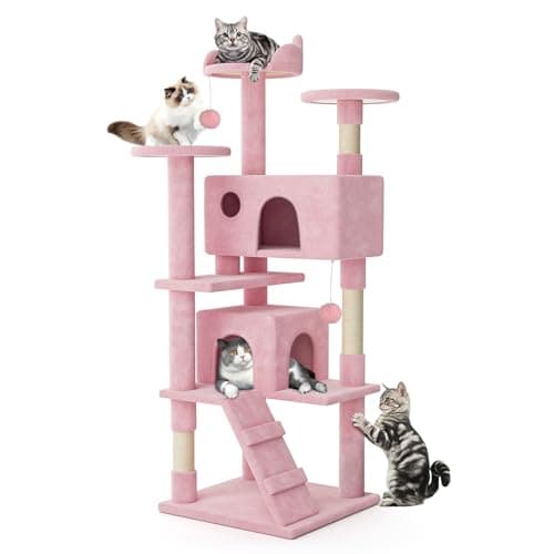 MoNiBloom 60 Inch Cat Tree Tower for Indoor Cats Large Adults, Pink Cat Tower with Scratching Post, Multi-Level Furniture Activity Center with Cat Condo Pet Play House, Soft Pink - Image 1