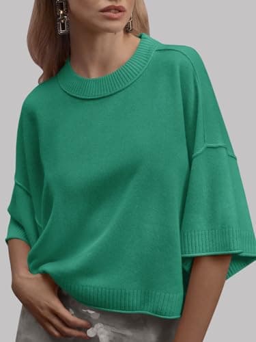 Saodimallsu Womens Short Sleeve Sweater Summer Oversized Cropped Sweaters Casual Crewneck Lightweight Knit Tops Green - Image 2