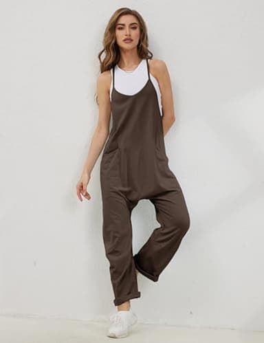 Lentta Women's Causal Jumpsuits V Neck Sleeveless Harem Overalls Stretchy Adjustable Strap Romper with Pockets(Coffee-L) - Image 2