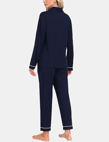 Womens Pajama Sets Long Sleeve Button Down Sleepwear 2 Piece Soft Pjs Nightwear Comfy Pj Set with Pockets Navy Blue S - Image 3