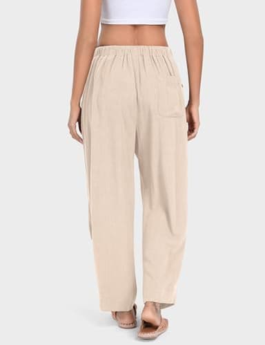 TARSE Women Linen Pants Summer Boho Wide Leg Drawstring with Pockets, HeatherLightKhaki, L - Image 3