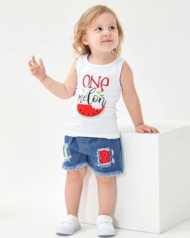 Mikrdoo Toddler Girl Summer Outfits Watermelon Tank Top + Denim Shorts 2T Infant Girl Clothes (18-24 Months, White) - Image 2