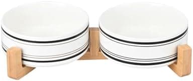 SPUNKYJUNKY Ceramic Dog and Cat Bowl Set with Wooden Stand, Modern Cute Weighted Food Water Bowl Set for Medium Size Dogs (3.6 Cups, 2 × Horizontal Stripe-White - Image 3